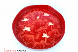Red round lacquer tray hand-painted with lotus pond 30 cm
